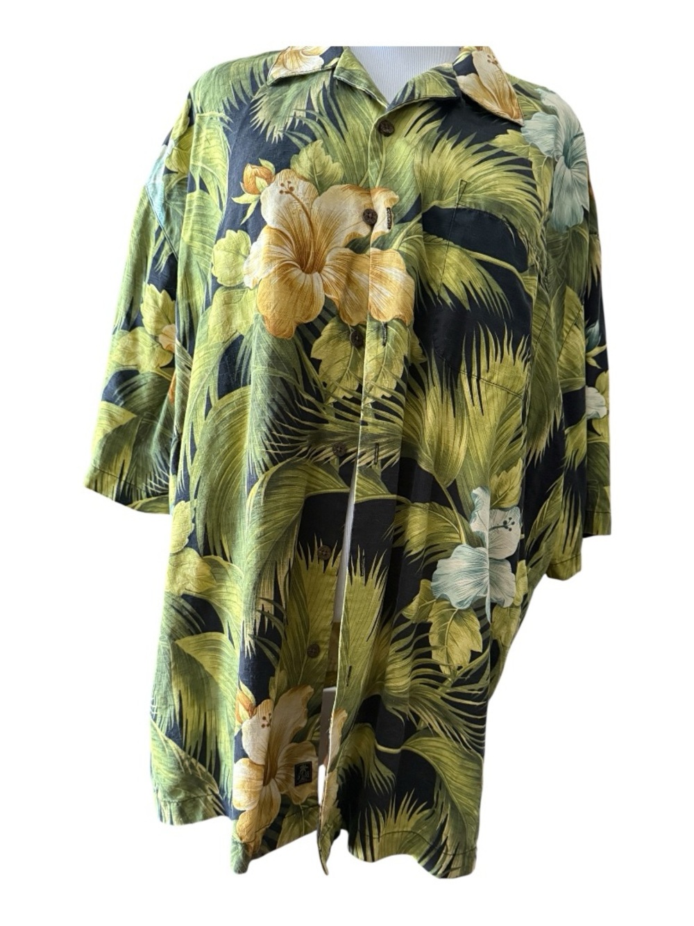 Tommy Bahama Black Hawaiian Shirt with Green & Yellow Tropical Print - Size 3X